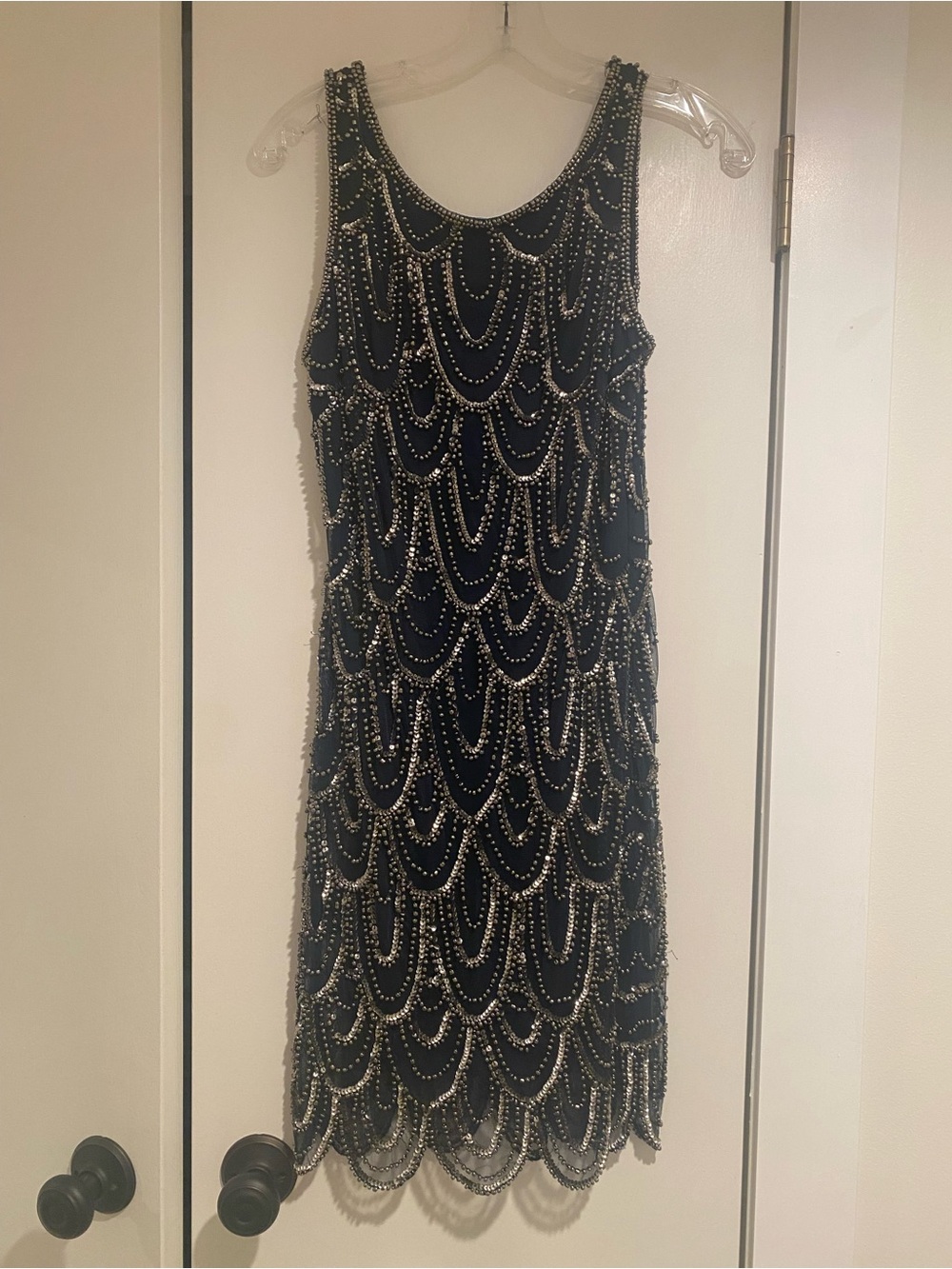 Pisarro Nights Black Beaded Scallop Sheath Dress